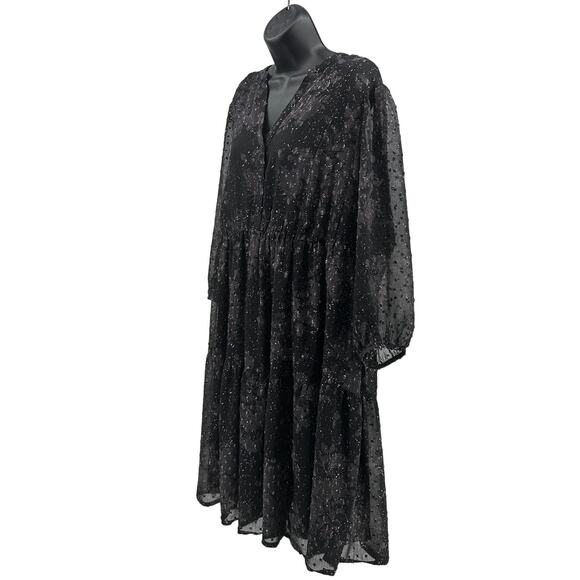 Torrid Midi Dress WMNS 2X Black Gray Swiss Dot Sheer Tiered Long Sleeve V-Neck - Picture 4 of 6